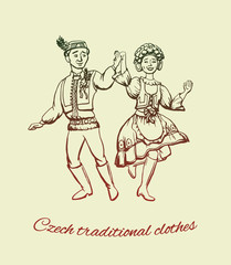 Czech traditional clothes vector illustration. Man and woman dancing in national czech costume.