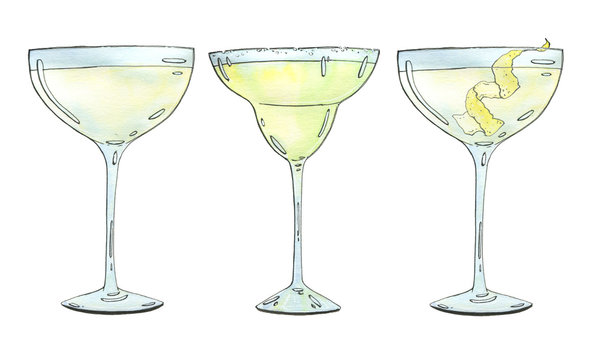 hand drawn set of watercolor cocktails Margarita Vesper on white background 