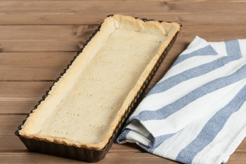 Cooking Process Of Homebaked Tart. Baked Dough In Baking Tray.