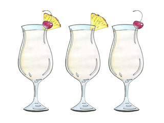 hand drawn watercolor cocktail Pina colada on white background