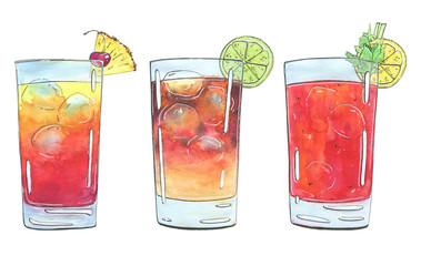 hand drawn set of watercolor cocktails Planter's Punch Dark N Stormy Bloody Mary on white background 
