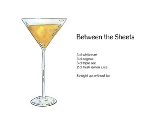 hand drawn watercolor cocktail between the sheets on white background