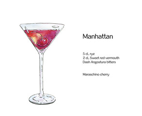 hand drawn watercolor cocktail manhattan on white background
