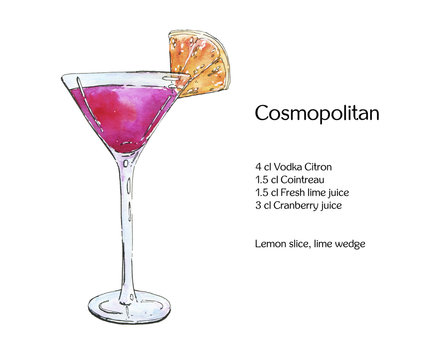 hand drawn watercolor cocktail cosmopolitan on white background