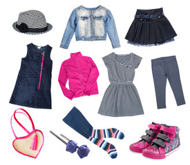 Fashion kid child girl clothes collage set isolated.