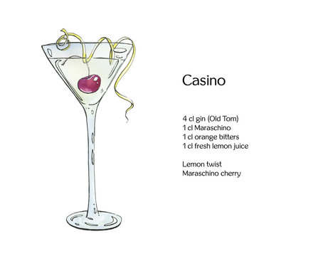 hand drawn watercolor cocktail Casino on white background