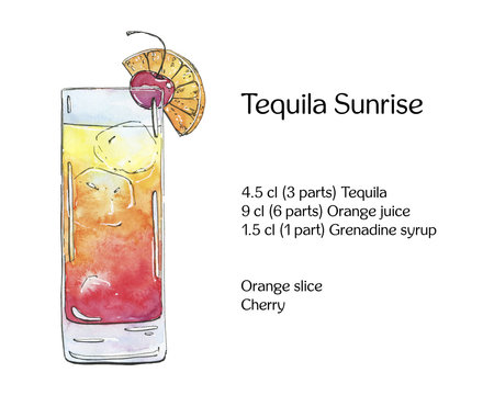 hand drawn watercolor cocktail Tequila Sunrise on white backgrou
