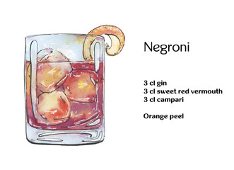 hand drawn watercolor cocktail negroni on white background