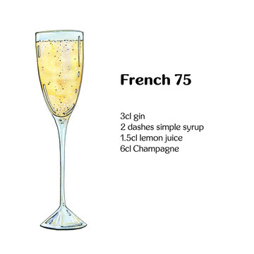 hand drawn watercolor cocktail French 75 on white background
