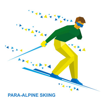Winter sports - para-alpine skiing. Disabled skier running downhill. Sportsman with physical disabilities ski slope down from the mountain. Flat style vector clip art isolated on white background.