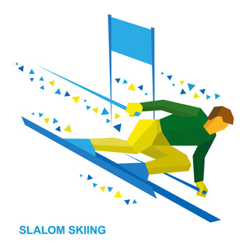 Winter sports - slalom skiing. Cartoon skier with patterns running downhill. Sportsman ski slope down from the mountain. Flat style vector clip art isolated on white background.
