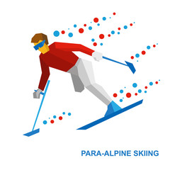 Fototapeta na wymiar Winter sports - para-alpine skiing. Disabled skier running downhill. Sportsman with physical disabilities ski slope down from the mountain. Flat style vector clip art isolated on white background.