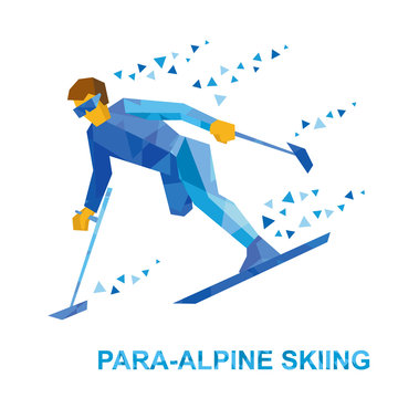 Winter sports - para-alpine skiing. Disabled skier running downhill. Sportsman with physical disabilities ski slope down from the mountain. Flat style vector clip art isolated on white background.