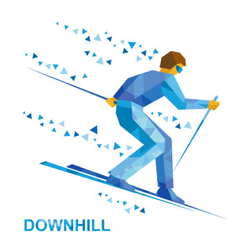 Winter sports - alpine skiing. Cartoon skier running downhill. Sportsman ski slope down from the mountain. Flat style vector clip art isolated on white background.