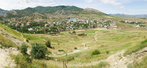 Fototapeta na wymiar Panorama of Sudak and Genoese fortress. The view Dzhenevez-Kaya, Crimea, Russia