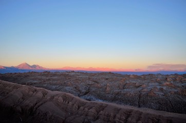 Panoramic view of the Moon Valley or Valle de la Luna close to San Pedro de Atacama in Chile, South America during sunset