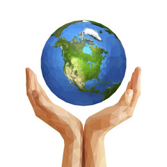 polygonal cupped hands that hold polygon planet earth america wh