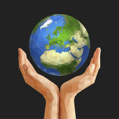 polygonal cupped hands that hold polygon planet earth europe gra