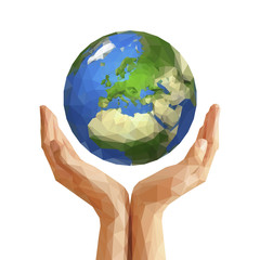 polygonal cupped hands that hold polygon planet earth europe whi