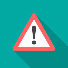 Attention sign icon with long shadow. Flat design style. Simple icon. Modern flat icon in stylish colors. Web site page and mobile app design element.