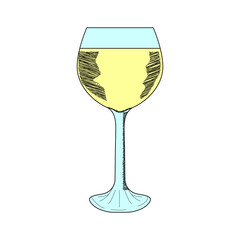 Glass of white wine, color sketch, isolated on white background.Hand drawn illustration.