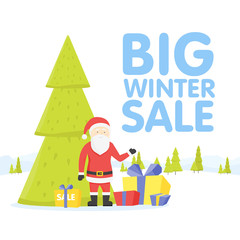 Christmas big sale vector. Flat design. Santa with sale poster. For winter holidays shopping, discounts ads. Purchase gifts for holidays