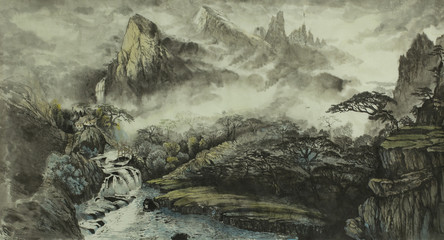 Chinese mountains, a waterfall and a small house