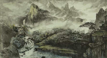 Chinese mountains, a waterfall and a small house © hikolaj2