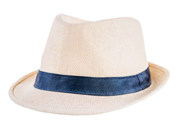 fashionable straw hat closeup on white background