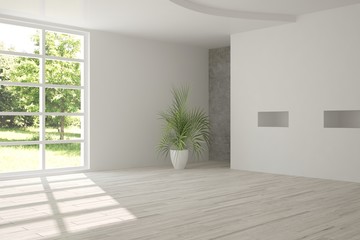 White empty room with green landscape in window. Scandinavian interior design