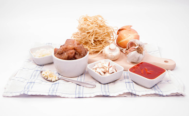 Chinese food - sweet and sour chicken with chow mein noodles ingredients