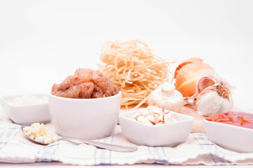 Chinese food - sweet and sour chicken with chow mein noodles ingredients