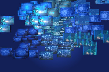 Many screen monitors with charts and graphs