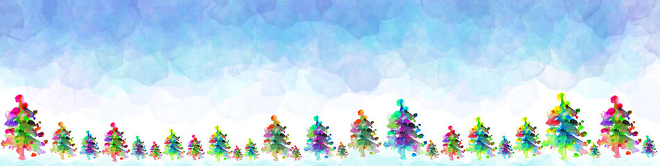 Christmas watercolor tree border. Nice for greeting cards, invitation, websites, packaging design, wallpapers, banners.