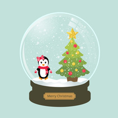 christmas snowglobe with fir tree and winter penguin