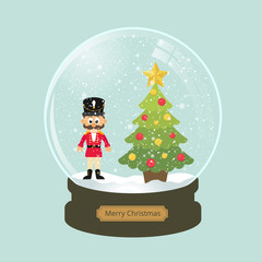 christmas snowglobe with fir tree and cartoon nutcracker