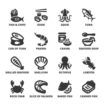 Seafood flat symbols. Black