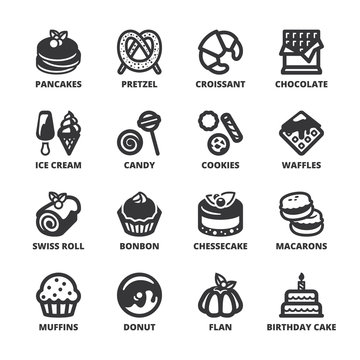 Desserts flat symbols. Black