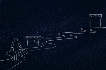 business man walking on the path from Investment to Success