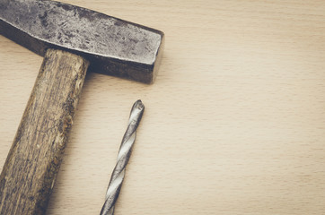 desk of a wooden with hammer, drill, Pliers, wrench/desk of a wooden with wrench, hammer, drill, pliers