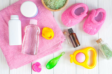 natural baby bath cosmetics with duck top view