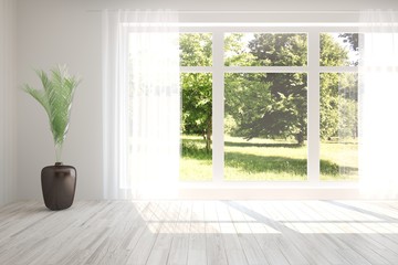 White empty room green landscape in window. Scandinavian interior design