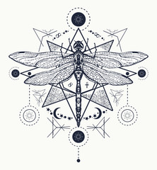 Dragonfly tattoo. Hand drawn mystical symbols and insects