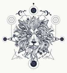 Fototapeta premium Ornamental Tattoo Lion Head. Mystic Lion sketch tattoo art