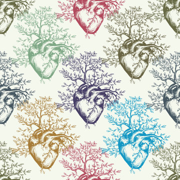 Anatomical human heart art seamless pattern