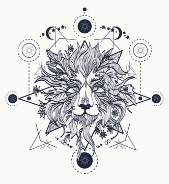 Ornamental Tattoo Lion Head. Mystic Lion sketch tattoo art