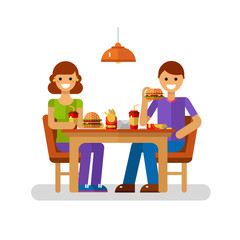 Vector flat design illustration of man and woman eating fast food in cafe or restaurant. Young modern couple on dating sitting in the cafeteria, drink soda, eating french fries, burger, cheeseburger.