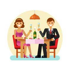 Vector flat design illustration of happy young couple on dating drinking champagne in restaurant. Woman in pretty dress and man in suit celebrate love. Dating and relationship concept.