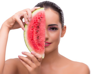 Woman with watermelon slice isolated on white