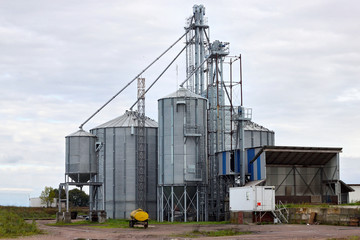 Fototapeta na wymiar Building Exterior of Agricultural Silo with storage tanks cultivated agricultural crops processing plant, drying of grains, wheat, corn, soy, sunflower.